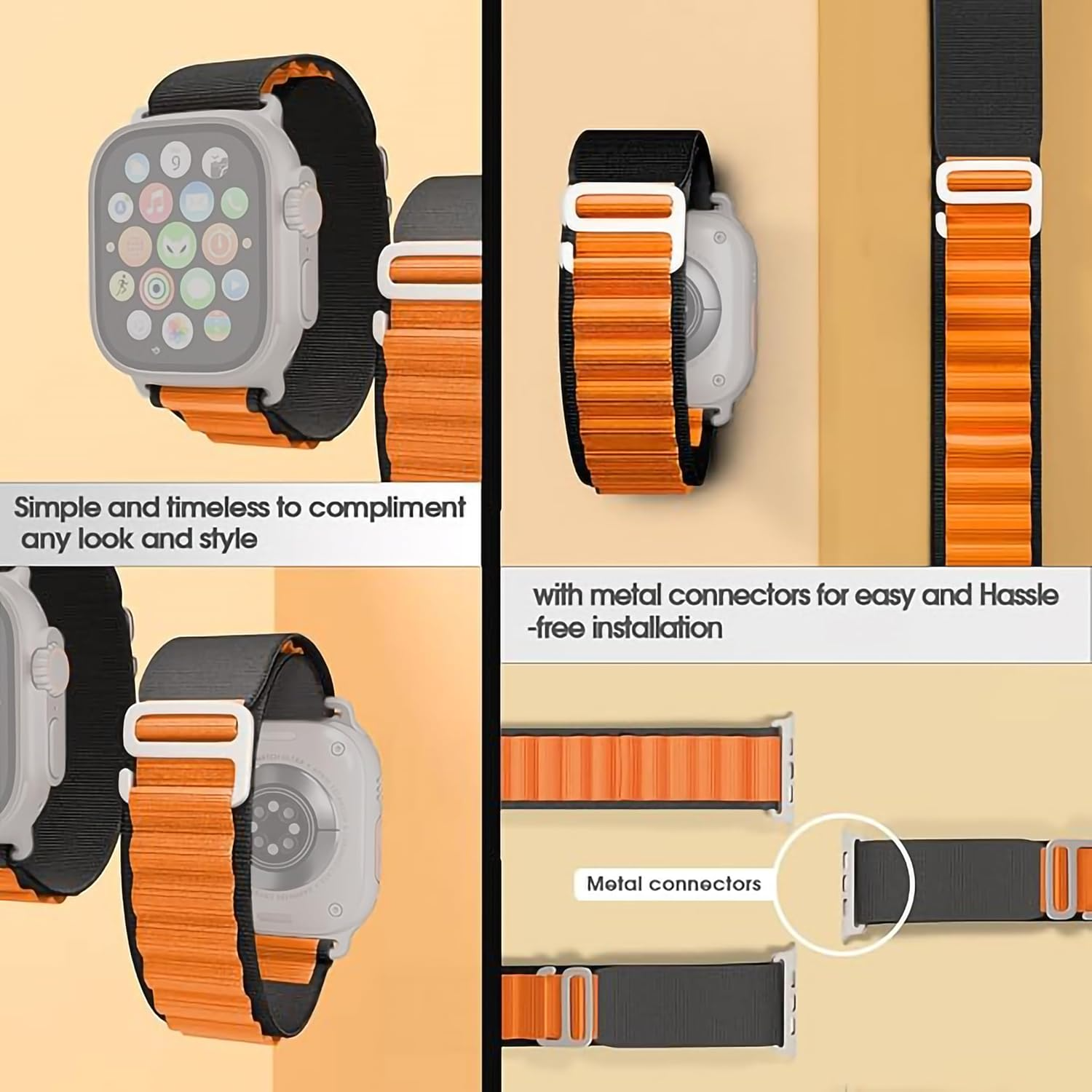 Watch Strap and Watch Band Apple Apple Watch Series  9, 8, 7, 6, 5, 4, 3, 2, 1,Ultra & Ultra 2 38/40/41mm 42/44/45/49mm Orange Black Metal Connector for Hassle-Free Installation Alpine GrunX in India