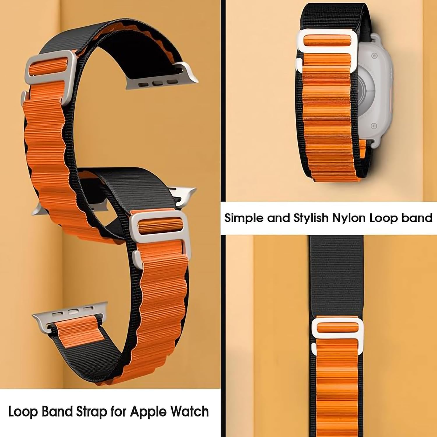 Watch Strap and Watch Band Apple Apple Watch Series  9, 8, 7, 6, 5, 4, 3, 2, 1,Ultra & Ultra 2 38/40/41mm 42/44/45/49mm Orange Black Nylon Loop Band Alpine GrunX in India