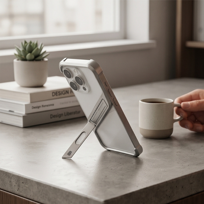 Silver iPhone case with kickstand displayed on modern desk workspace with coffee mug, design books, and potted plant