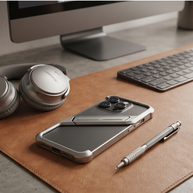 Silver iPhone case on tan leather desk pad next to wireless headphones, keyboard, and stylus pen in professional workspace