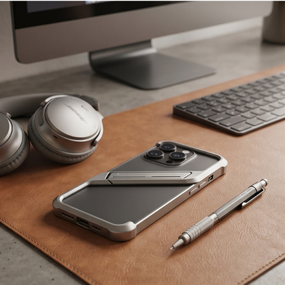 Silver iPhone case on tan leather desk pad next to wireless headphones, keyboard, and stylus pen in professional workspace