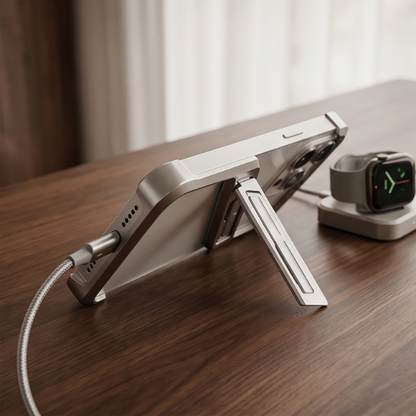 Silver iPhone case with integrated stand mounted on wooden desk next to Apple Watch charging dock and USB-C cable