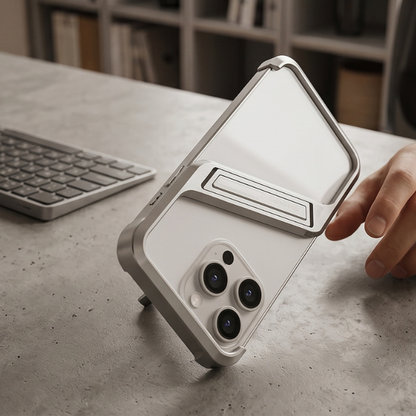 Silver protective iPhone case with kickstand held in hand, showcasing sleek design and camera lens protection on concrete surface