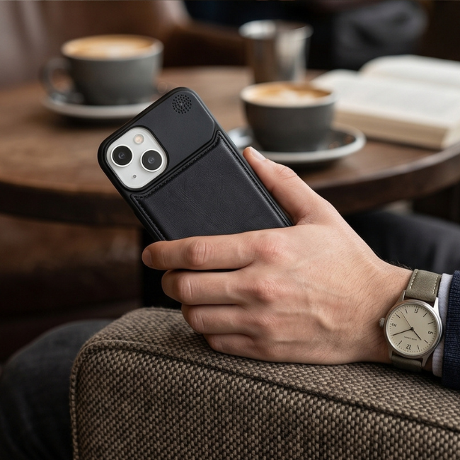 Black genuine leather iPhone case held in hand at café, showcasing premium protective design with visible watch and coffee cups in background