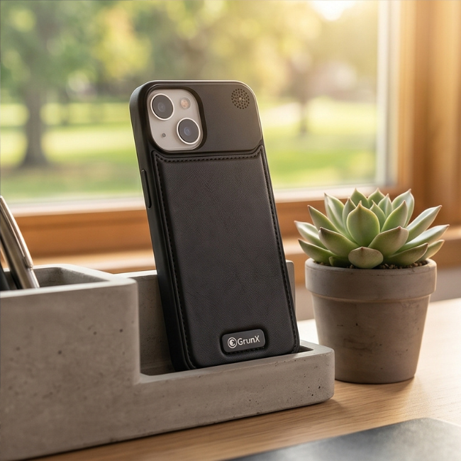Black leather protective iPhone case displayed on concrete stand with succulent plant, featuring GrunX branding and premium craftsmanship near sunny window