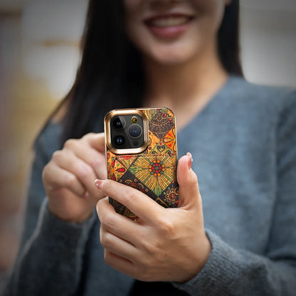 GRUNX Amber leather iPhone case open showing magnetic card holder with debit card Aadhaar India