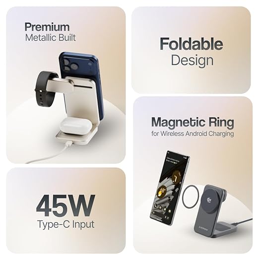 Ambrane 3-in-1 wireless charging stand with premium metallic finish, foldable design, magnetic ring for Android wireless charging, and 45W Type-C input