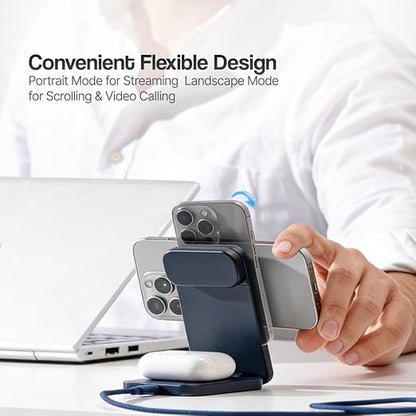 Ambrane wireless charging stand with flexible phone holder, adjustable between portrait mode for streaming and landscape mode for video calls
