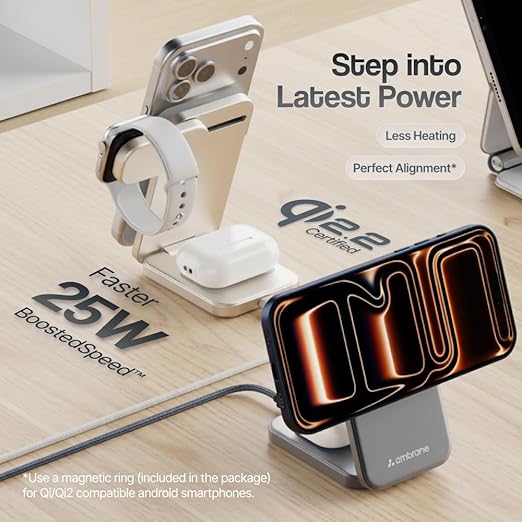 Ambrane Qi2 certified 3-in-1 wireless charger with 25W boosted charging speed, less heating, and perfect magnetic alignment for iPhone, Apple Watch, and AirPods
