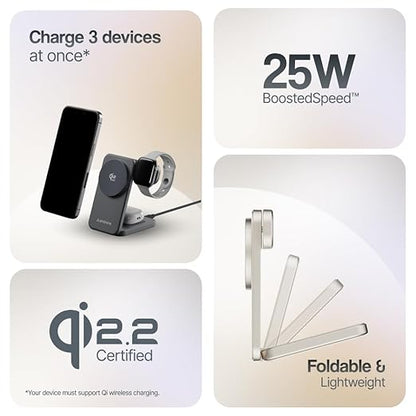 Ambrane 3-in-1 wireless charger that charges phone, smartwatch, and earbuds simultaneously, Qi2.2 certified, 25W boosted speed, foldable and lightweight aluminum design