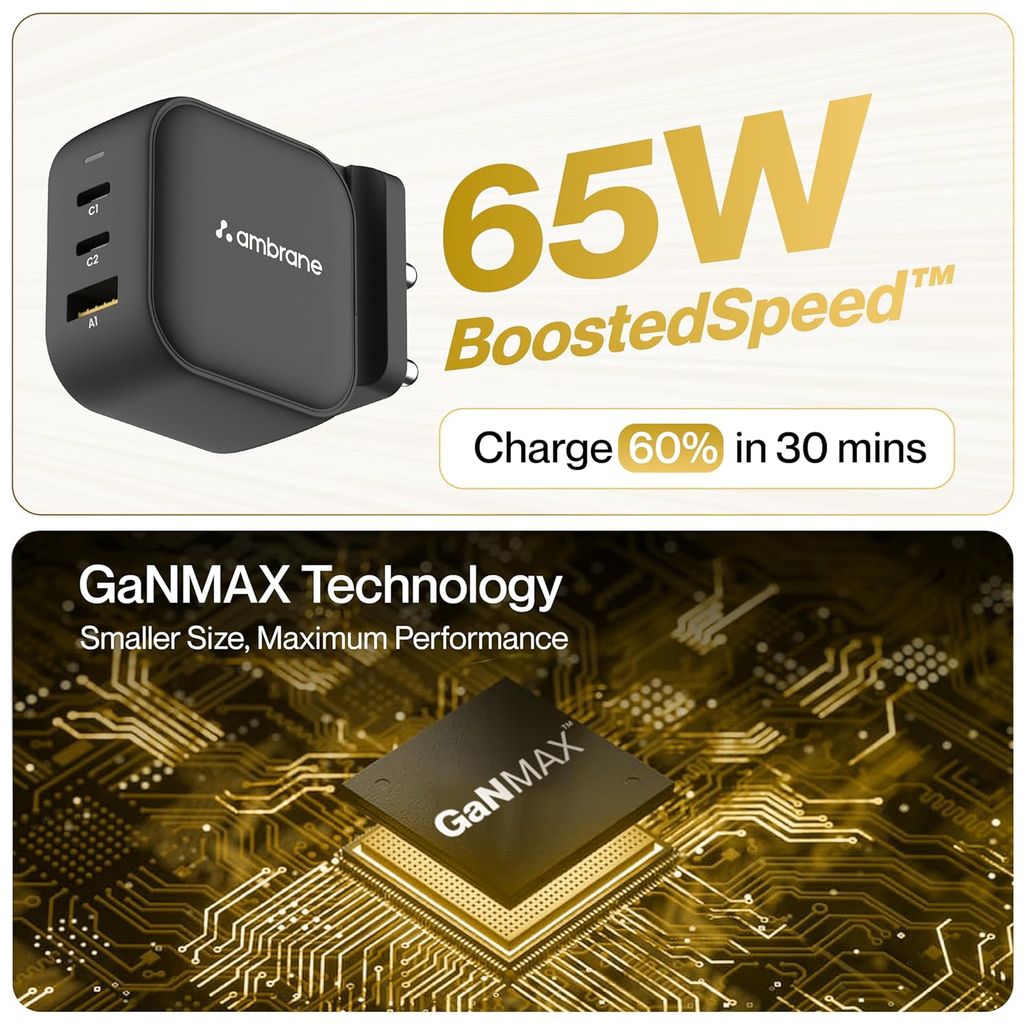 Ambrane 65W GaNMAX charger with boosted speed charging 60 percent in 30 minutes, featuring smaller size GaN technology chip