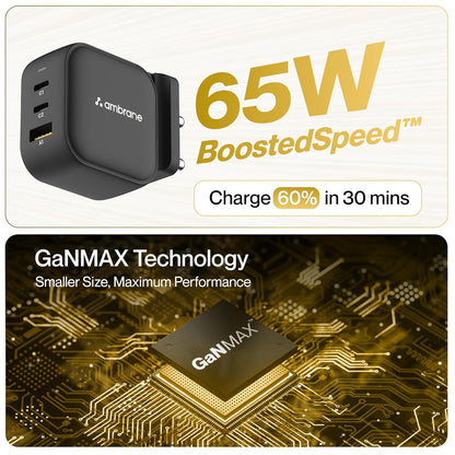 Ambrane 65W GaNMAX charger with boosted speed charging 60 percent in 30 minutes, featuring smaller size GaN technology chip