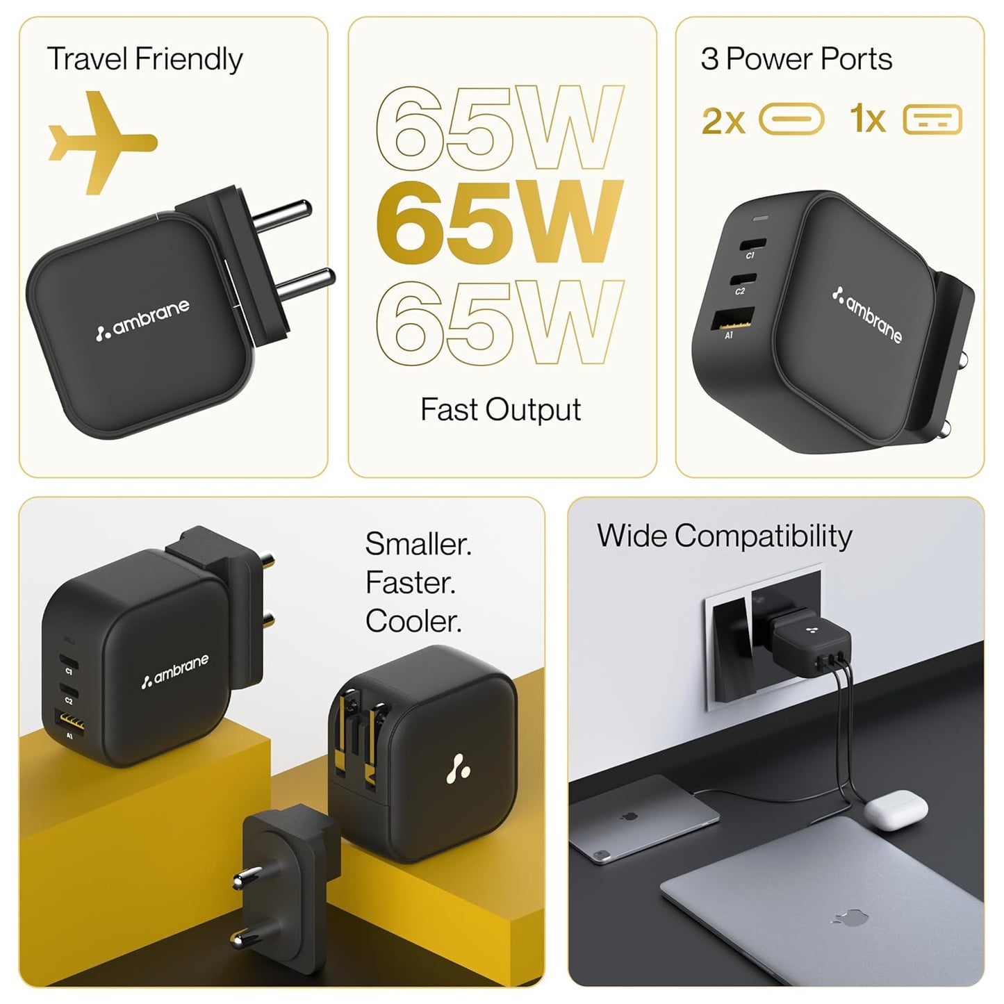 Ambrane 65W GaNMAX charger travel friendly design with 3 power ports, fast 65W output, and wide compatibility for laptops and devices