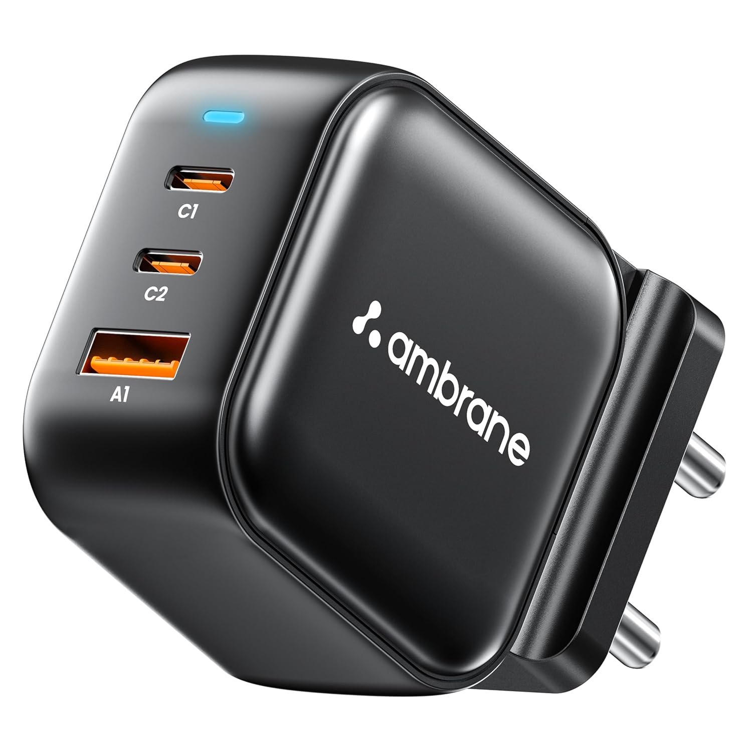 Ambrane 65W GaNMAX charger black with two Type-C ports C1 C2 and one USB-A port A1 for fast charging