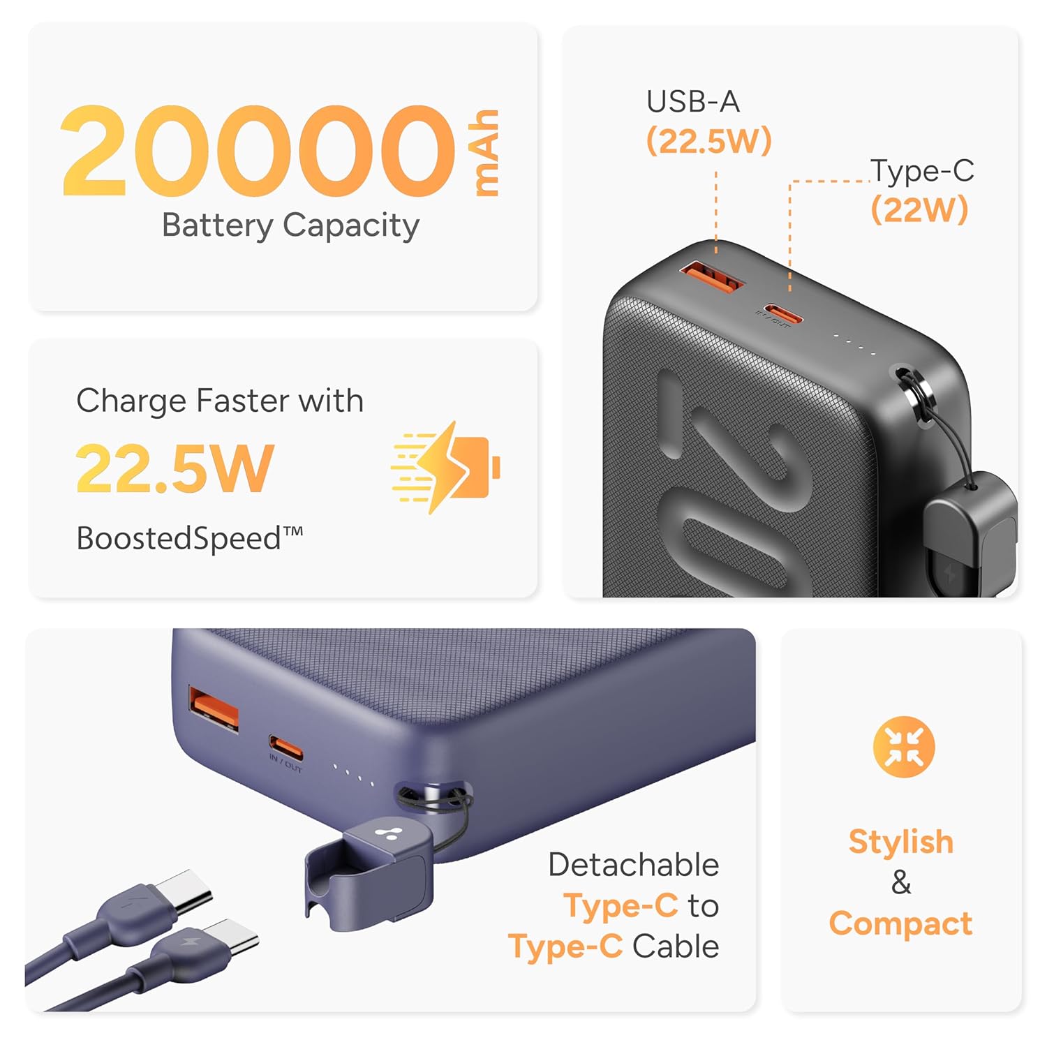 Built-in Type-C cable loop holder on Ambrane N20 power bank for convenient everyday carry | Grunx