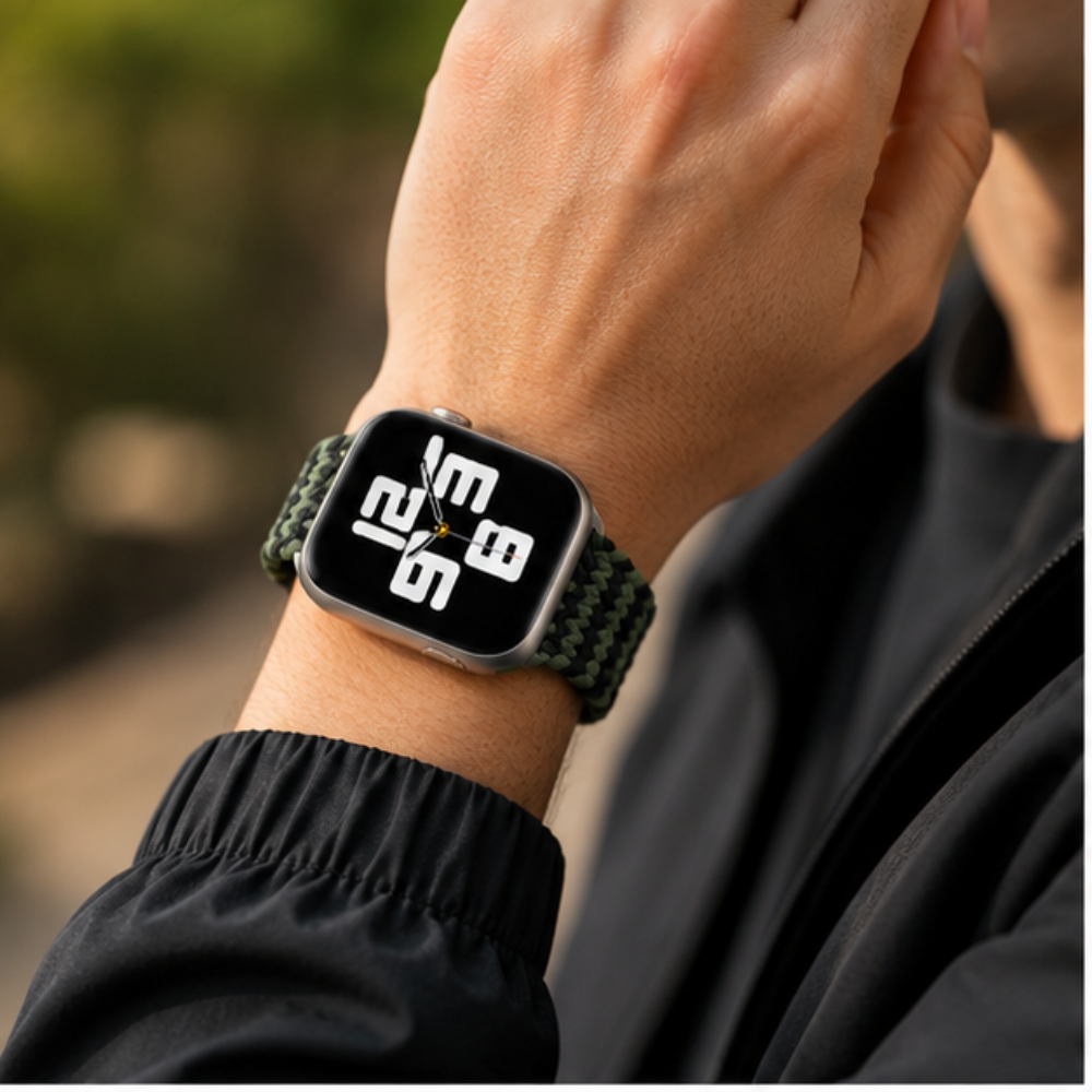 Close-up of Apple Watch with green and black braided solo loop band worn on wrist with a dark jacket sleeve