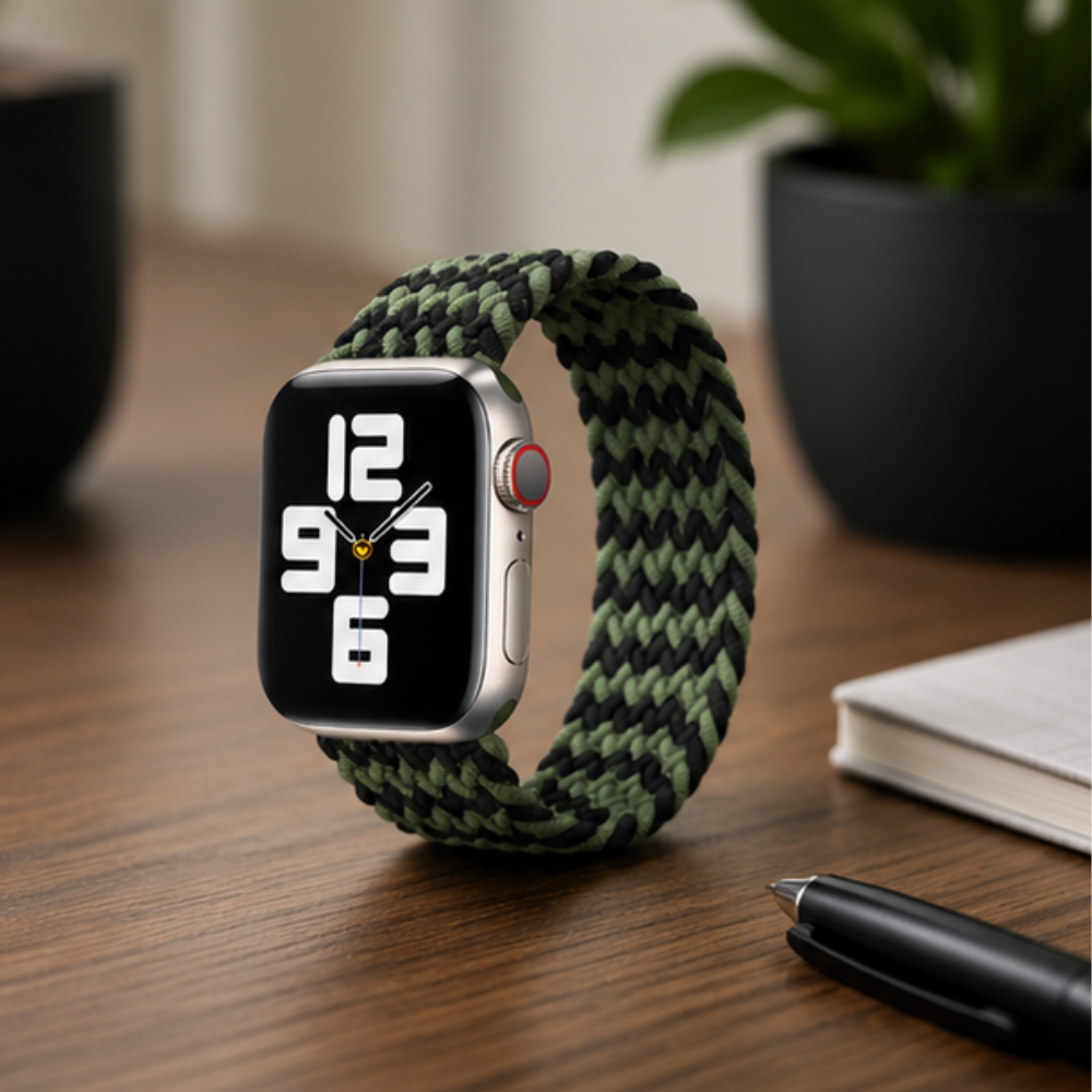 Apple Watch with dark green and black braided solo loop band worn on wrist, placed on a wooden desk with books in the background