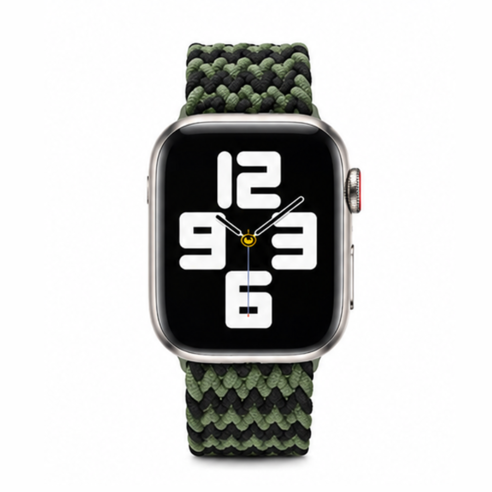Front view of Apple Watch with green and black chevron braided solo loop band on a white background