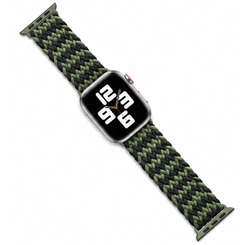 Side view of detached green and black braided elastic solo loop Apple Watch band on a white background