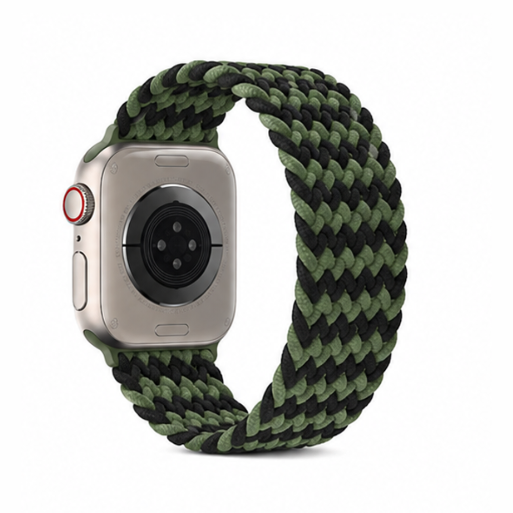 Angled side view of Apple Watch with dark green braided solo loop band showing the band stretch and connector