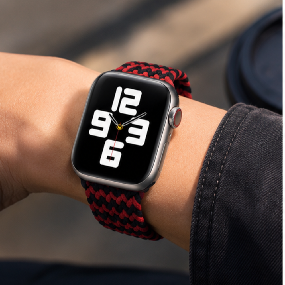 Person wearing Apple Watch with black and red braided solo loop band on their wrist against a casual outfit background