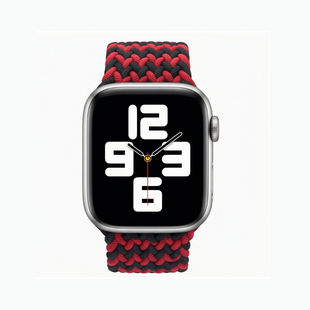 Front product view of Apple Watch with silver case and black and red braided solo loop band displaying a bold digital watch face on a white background
