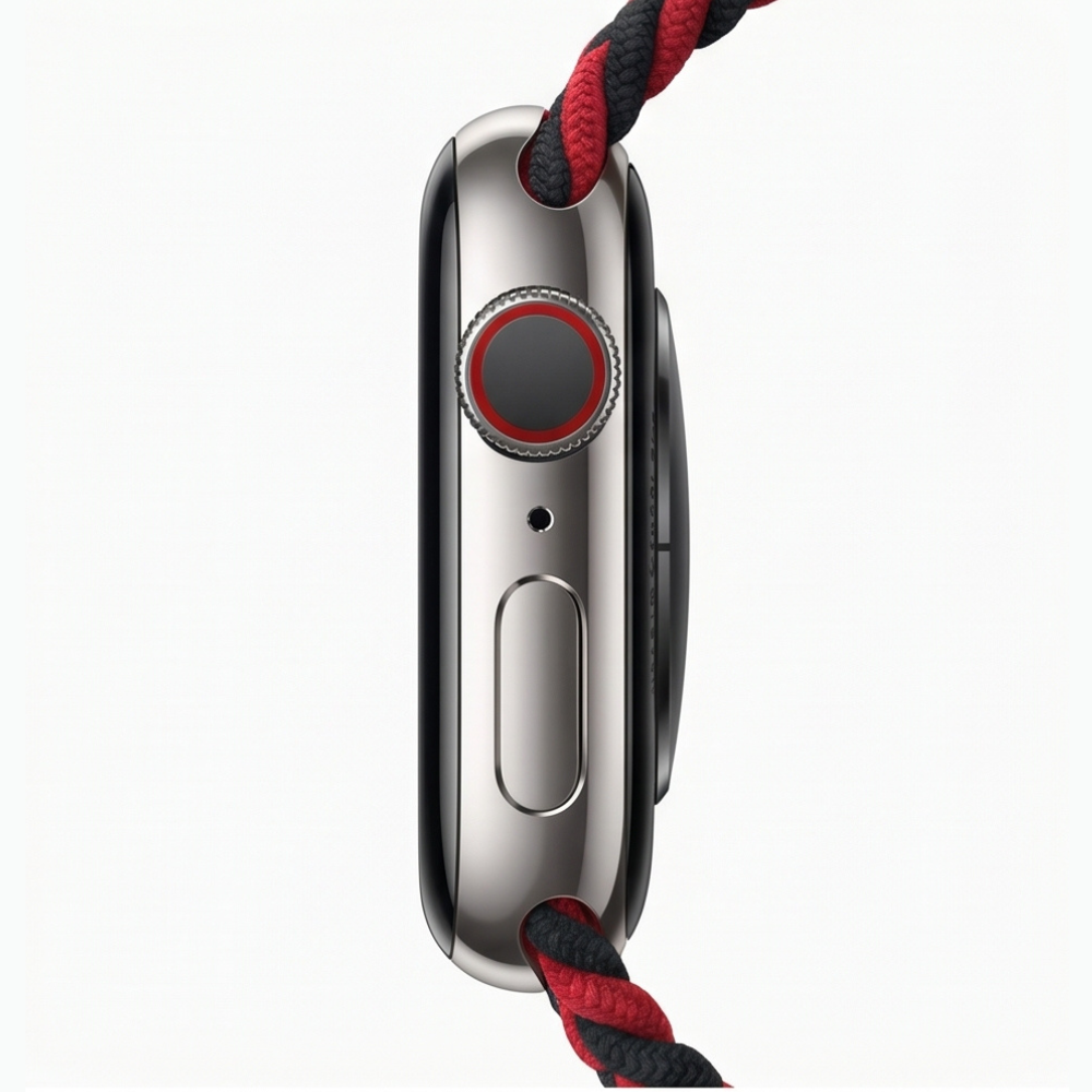 Side profile product view of Apple Watch with silver case and black and red braided solo loop band on a white background, highlighting the slim case and band thickness