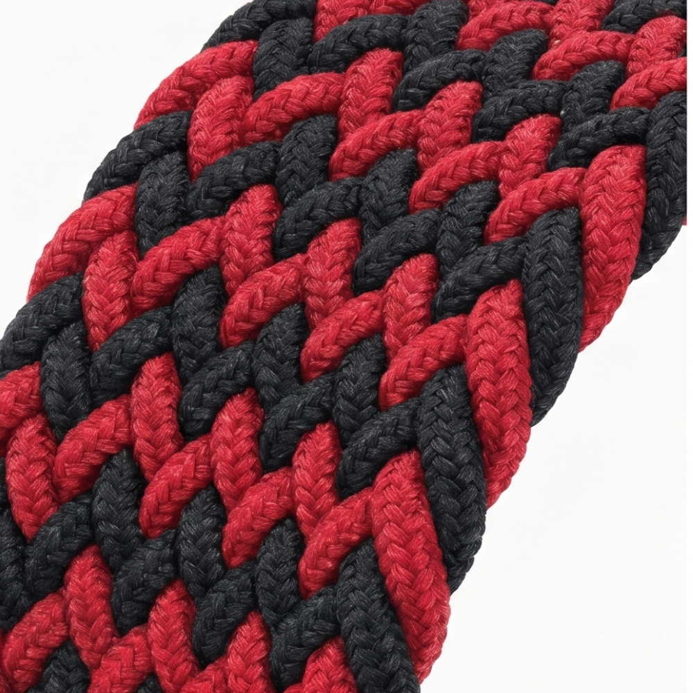 Close-up texture shot of the black and red braided solo loop band showing the detailed zigzag woven pattern