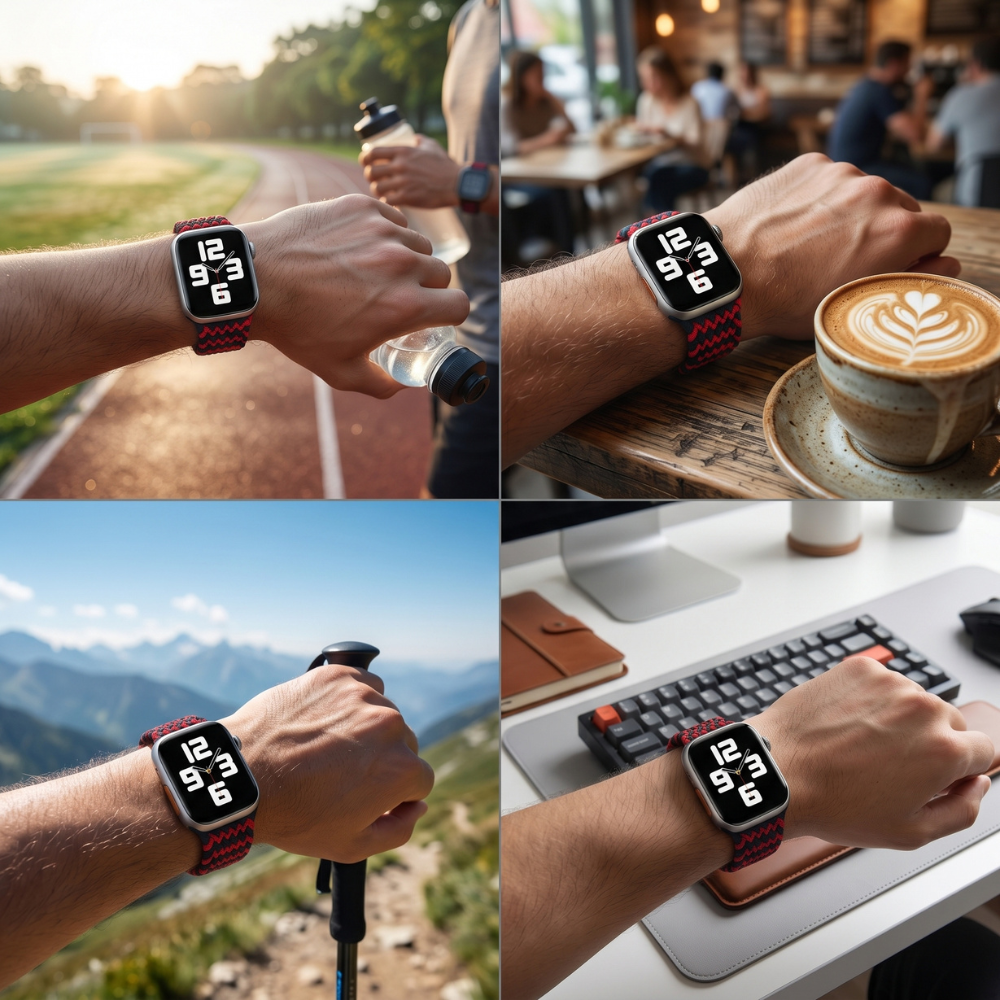 Multi-scene collage of Apple Watch with black and red braided solo loop band worn in various lifestyle settings including cycling, at a café, outdoors, and at a desk