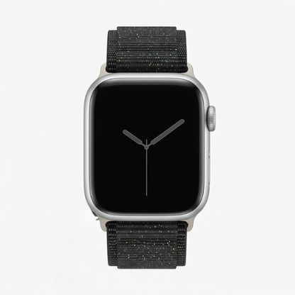 Front-facing view of an Apple Watch with silver aluminum case and a black woven sport loop band on a clean white background
