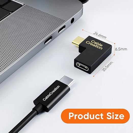 USB-C right angle adapter product dimensions 24.6mm x 25.5mm x 6.5mm with gold-plated USB-C male connector plugged into laptop