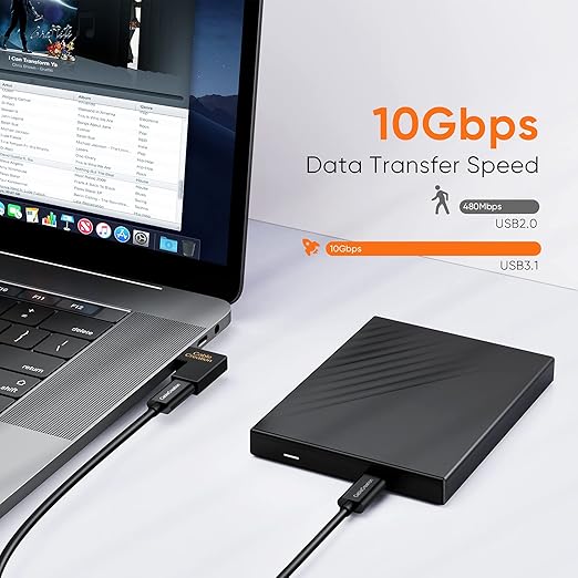 USB-C right angle adapter with 10Gbps USB 3.1 data transfer speed connecting MacBook to external hard drive versus 480Mbps USB 2.0