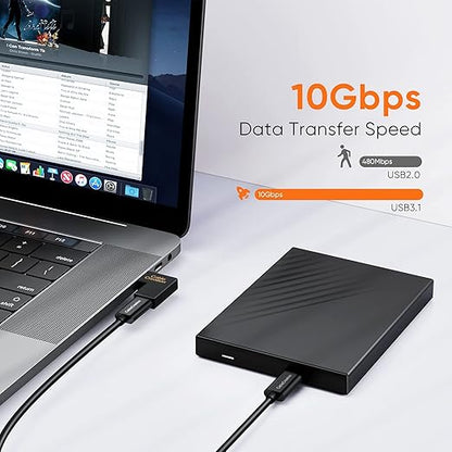 USB-C right angle adapter with 10Gbps USB 3.1 data transfer speed connecting MacBook to external hard drive versus 480Mbps USB 2.0