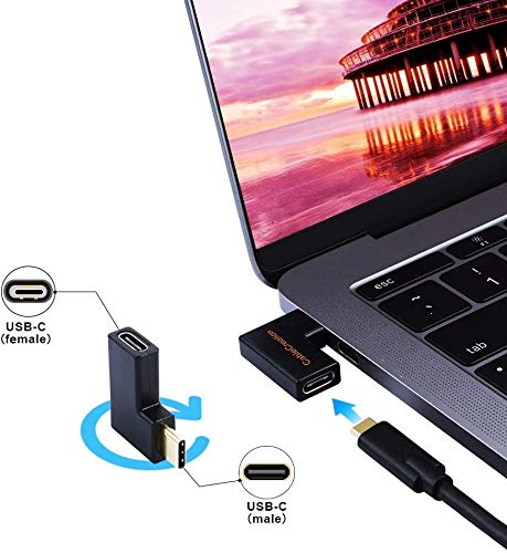 180-degree rotatable USB-C male to USB-C female right angle adapter connected to MacBook laptop USB-C port