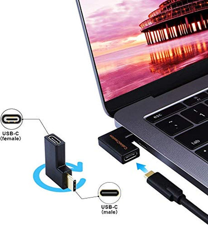 180-degree rotatable USB-C male to USB-C female right angle adapter connected to MacBook laptop USB-C port