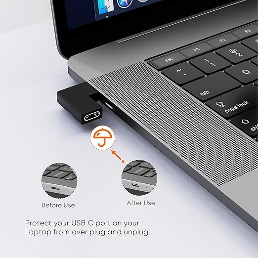USB-C right angle adapter protecting MacBook USB-C port from wear caused by repeated plugging and unplugging before and after use comparison