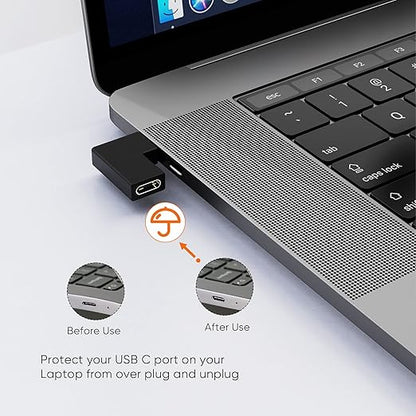 USB-C right angle adapter protecting MacBook USB-C port from wear caused by repeated plugging and unplugging before and after use comparison