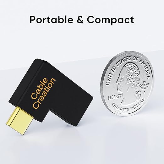 USB-C right angle adapter portable and compact size comparison next to US quarter dollar coin with gold-plated connector