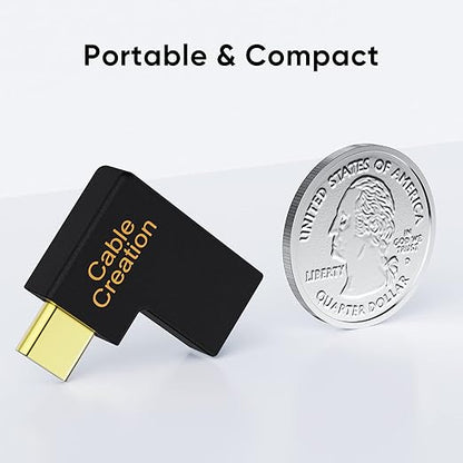 USB-C right angle adapter portable and compact size comparison next to US quarter dollar coin with gold-plated connector