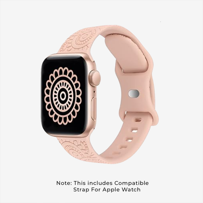  A pink-banded Apple Watch displaying a flower image, highlighting fashionable Apple Watch straps.
