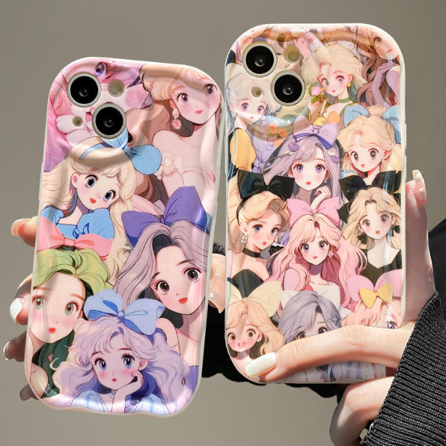 Beautiful Anime Girl Print iPhone Case in 2 Variations – Kawaii Cartoon Women Collage Phone Cover, Pink and Purple Design