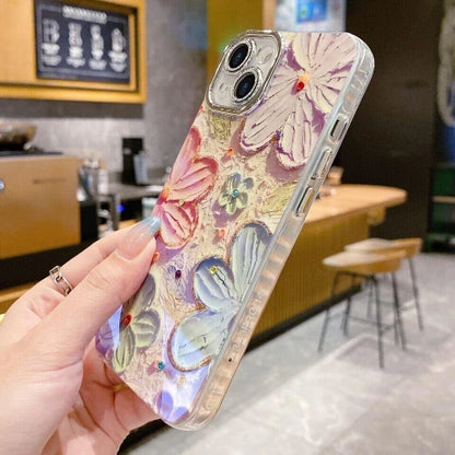 Aesthetic Bling Flower iPhone Case – 3D Oil Painting Pastel Floral with Sparkling Rhinestones, Transparent Glitter Soft Cover for iPhone