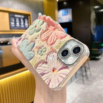 3D Embossed Floral iPhone Case with Crystal Rhinestones – Cute Pastel Pink Blue Flower Bling Glitter Clear Soft Cover for iPhone 15 16