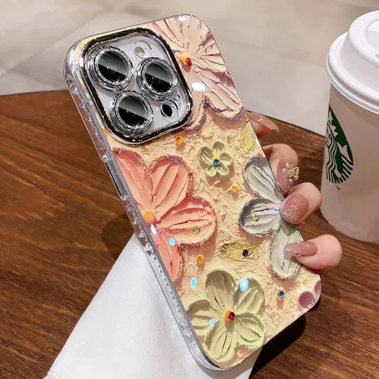 Bling 3D Flower iPhone Pro Case with Colorful Rhinestones – Luxury Oil Painting Floral Glitter Clear Phone Cover, Pink White Pastel Design