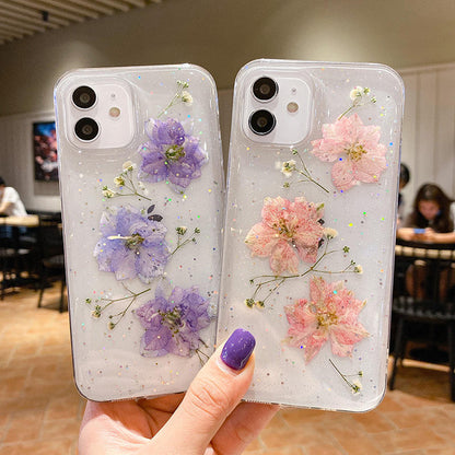 Case and Cover iPhone 12, 12 Pro, 12 Pro Max   Purple and Pink Woman Showcasing Back View 3D Real Dry Flower Blossoms GrunX in India