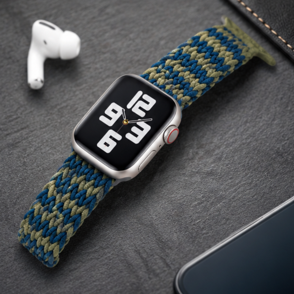 Close-up of an Apple Watch with a blue and green zigzag braided solo loop band worn on a wrist, highlighting the colorful woven texture of the band