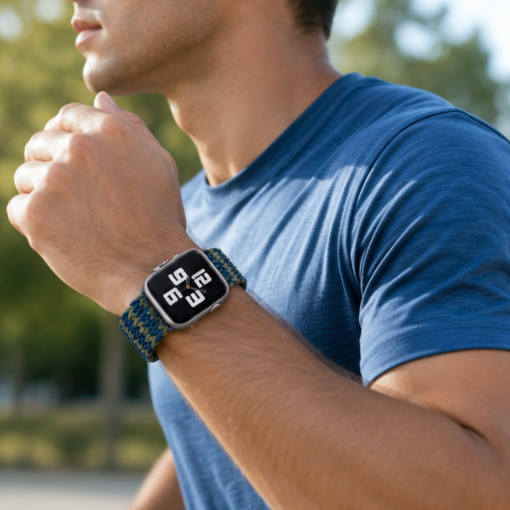 Man wearing an Apple Watch with a navy blue patterned braided solo loop band, dressed in a blue t-shirt in an outdoor lifestyle setting