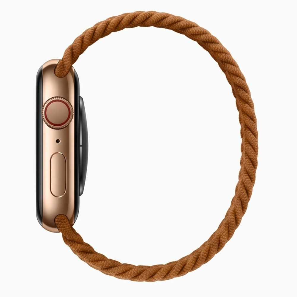 Side profile view of an Apple Watch with gold aluminum case and a tan braided solo loop band, showcasing the band's stretchy woven texture