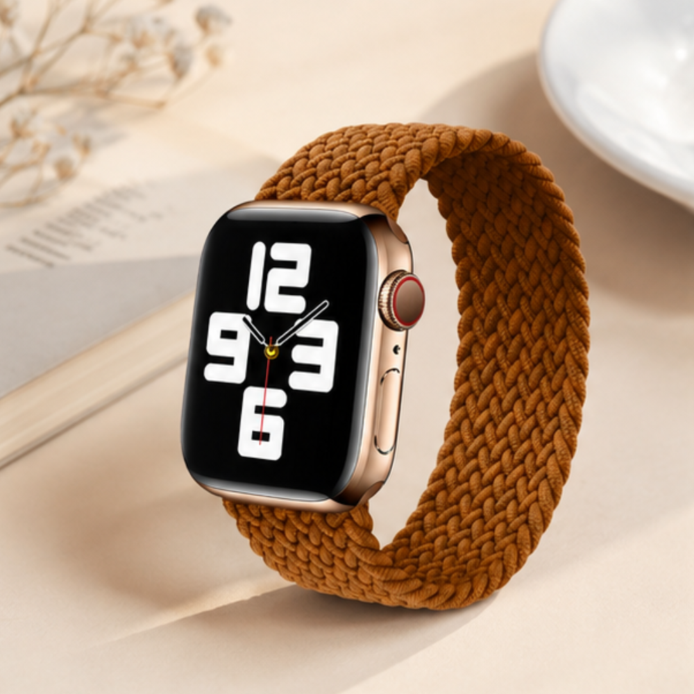 Apple Watch with a golden brown braided solo loop band displayed on a neutral background, showing the watch face at an angle