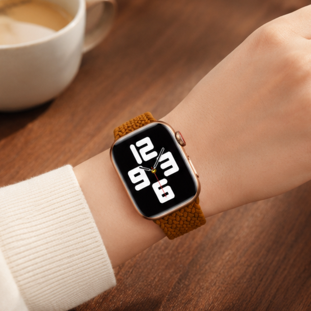 Person wearing an Apple Watch with a warm caramel brown braided solo loop band on their wrist, with a coffee cup visible in the background